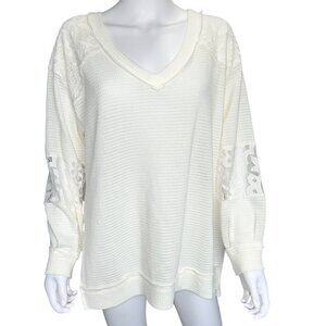 Torrid Ivory Waffle Knit V-Neck Pullover Top w/ Lace Sleeves Womens Size 0/L
